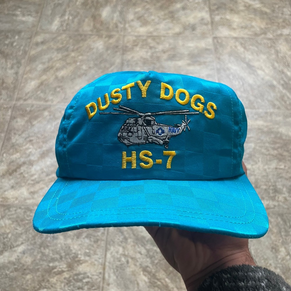 Vintage US Navy HS-7 Dusty Dogs Helicopter Teal Checkered Snapback Hat AADCO USA